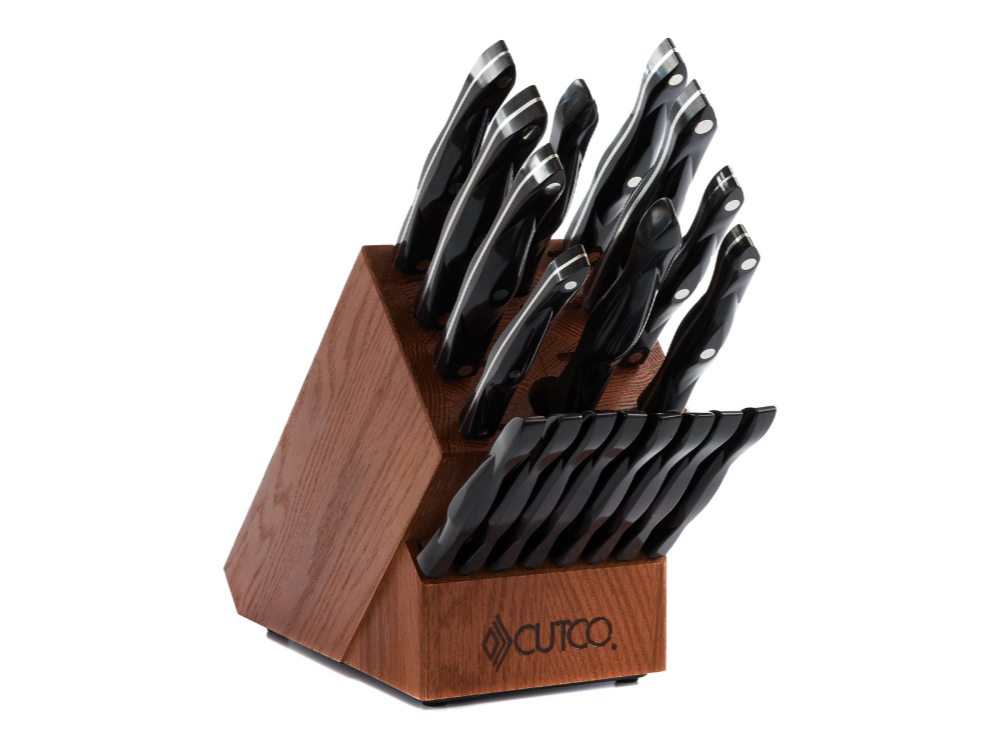  CUTCO Model 2018 Homemaker+8 SetIncludes (8) #1759  Table Knives, (10) Kitchen Knives & Forks, #1748 Honey Oak knife block, #82  Sharpener, and #125 Medium Poly Prep cutting board. High Carbon  Stainless