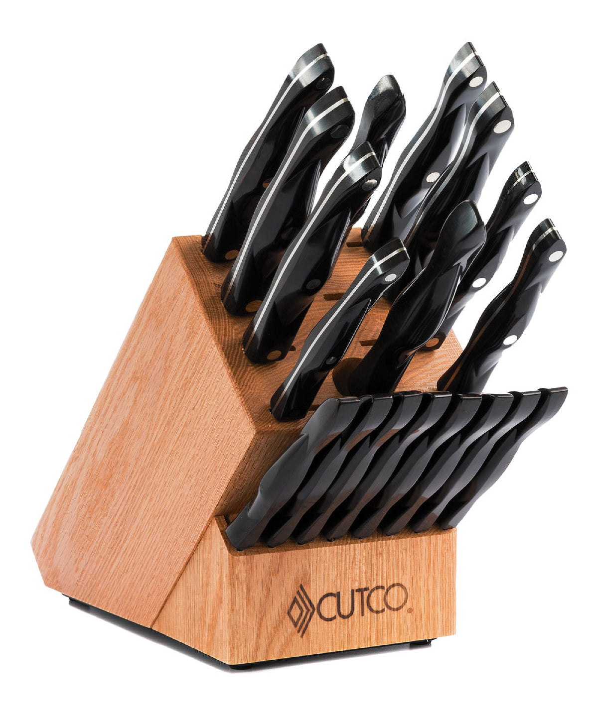  CUTCO Model 2018 Homemaker+8 SetIncludes (8) #1759  Table Knives, (10) Kitchen Knives & Forks, #1748 Honey Oak knife block, #82  Sharpener, and #125 Medium Poly Prep cutting board. High Carbon  Stainless